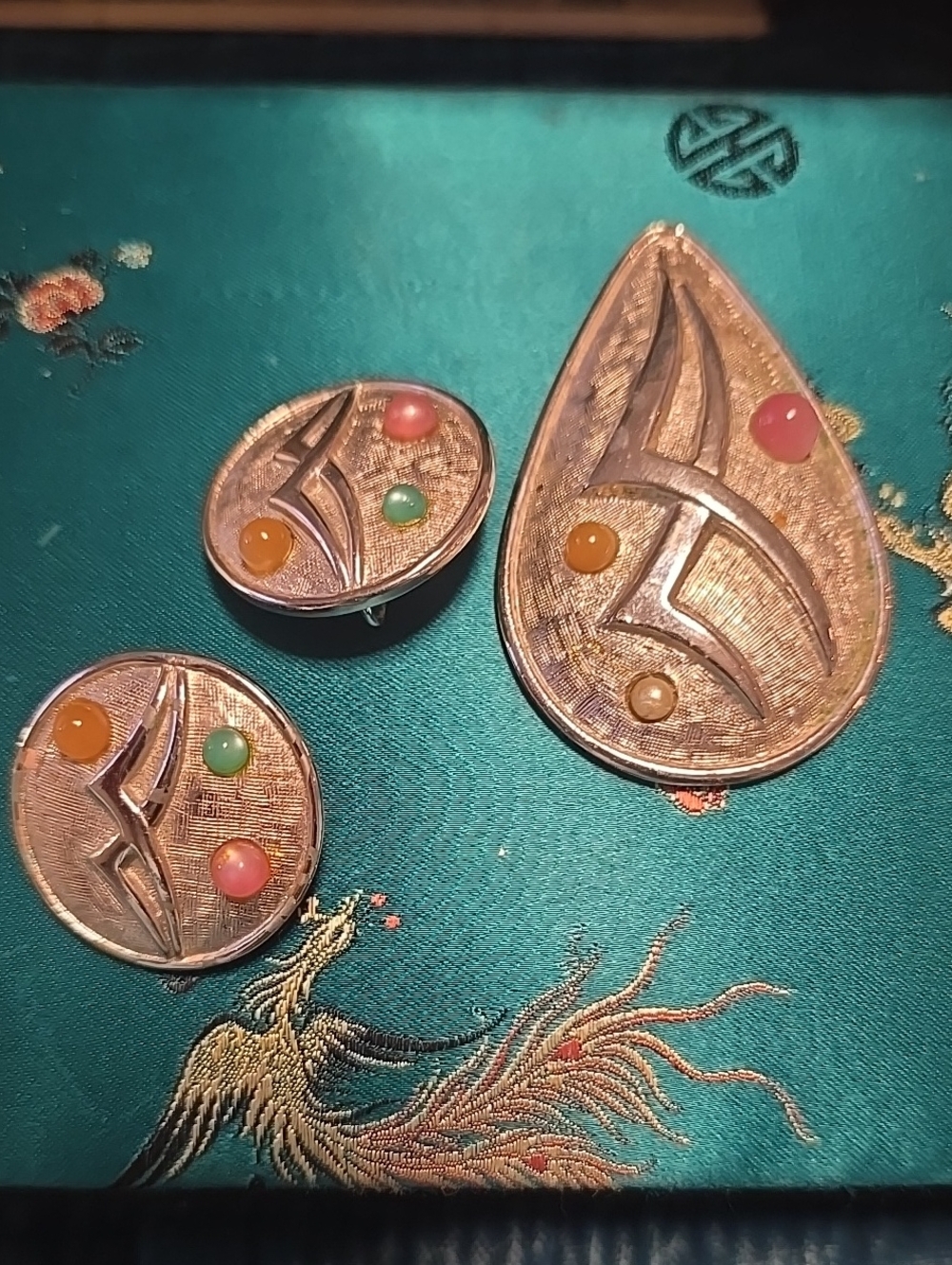 Gold-Tone Teardrop and Round Brooch Set with Pink, Green, and Orange Cabochons